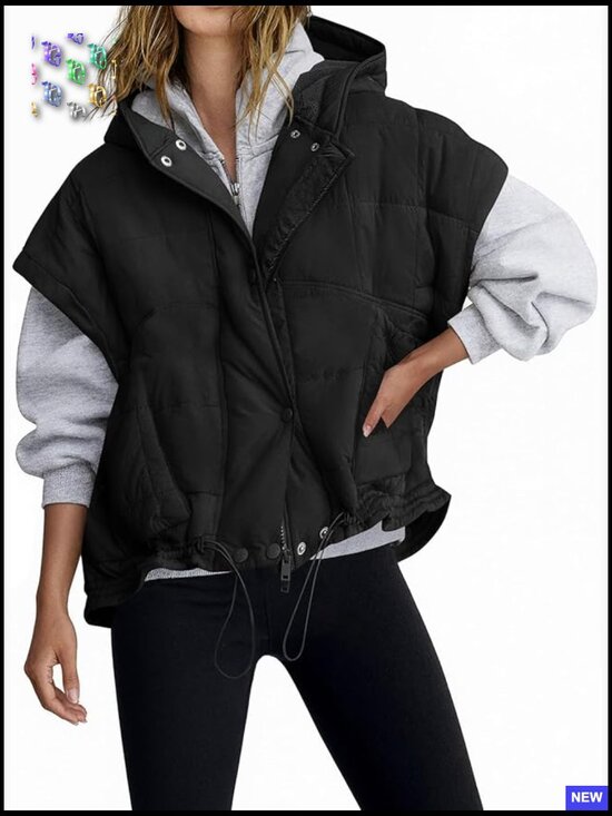 Jackets & Blazers - Oversized Quilted Puffer Vest Hooded Cap Sleeve Chic Winter Outerwear